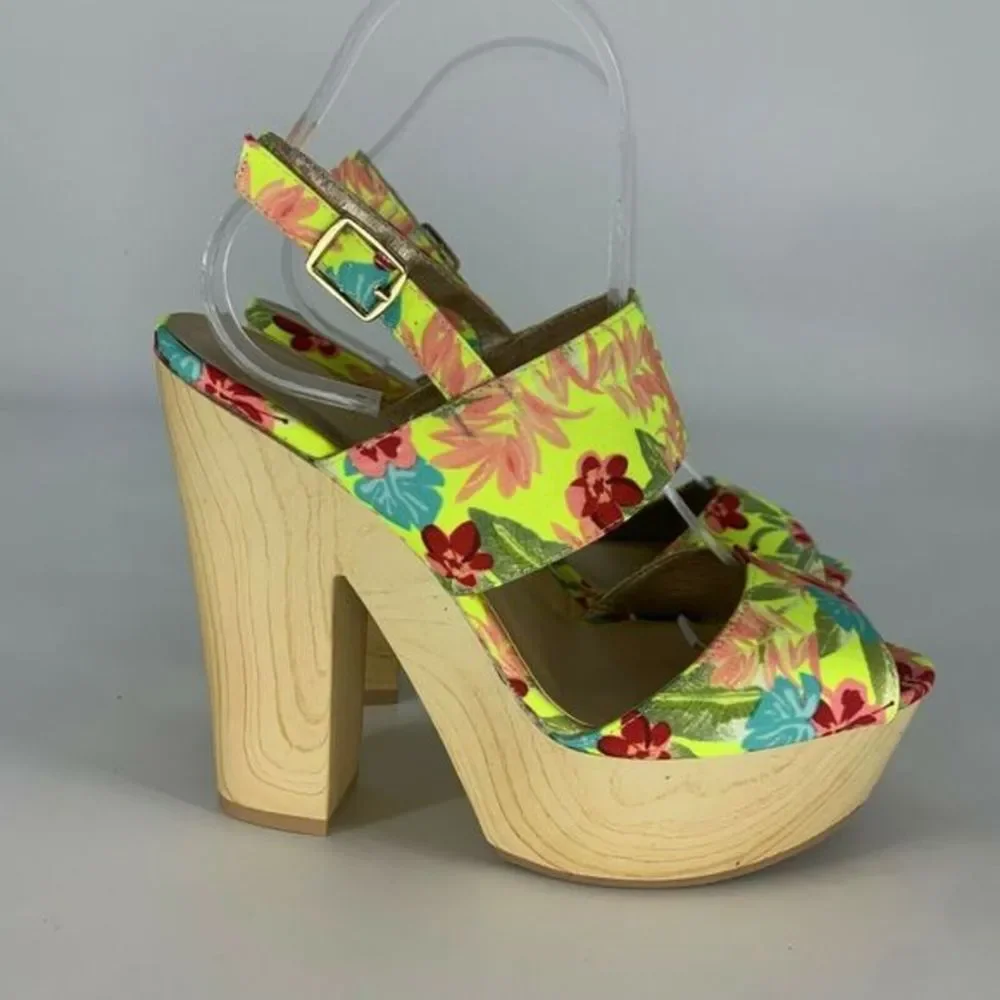 QUPID Open Toe‎ Clog Heels Slingback Peep Toe Shoe Size 7 Yellow Floral Wood